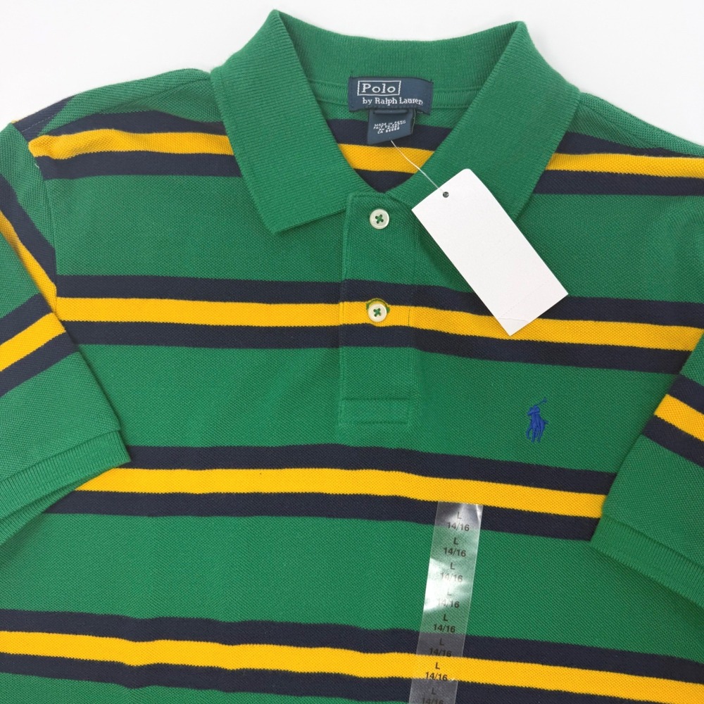 Polo‎ Ralph Lauren Boys Green Yellow Striped Rugby Polo Shirt Size L 14-16 NEW